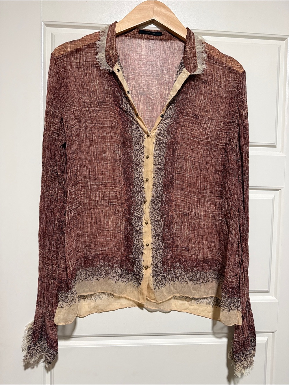 VINTAGE Elie Tahari sheer crinkled SILK BLOUSE fringe delicate